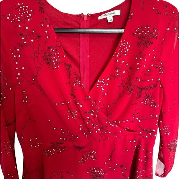 Madewell Hazelwood Wrap Front Dress Mini Long Sleeve Windswept Floral Red Size 8 - Picture 3 of 9
